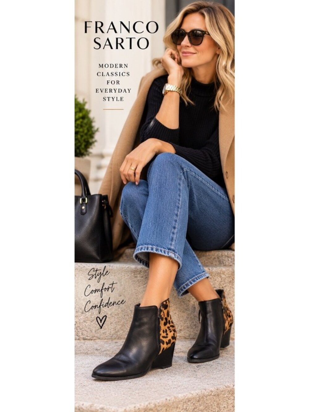Franco Sarto Quasar Black Leopard Calf Hair Ankle Booties Wedge Heel Size 7
